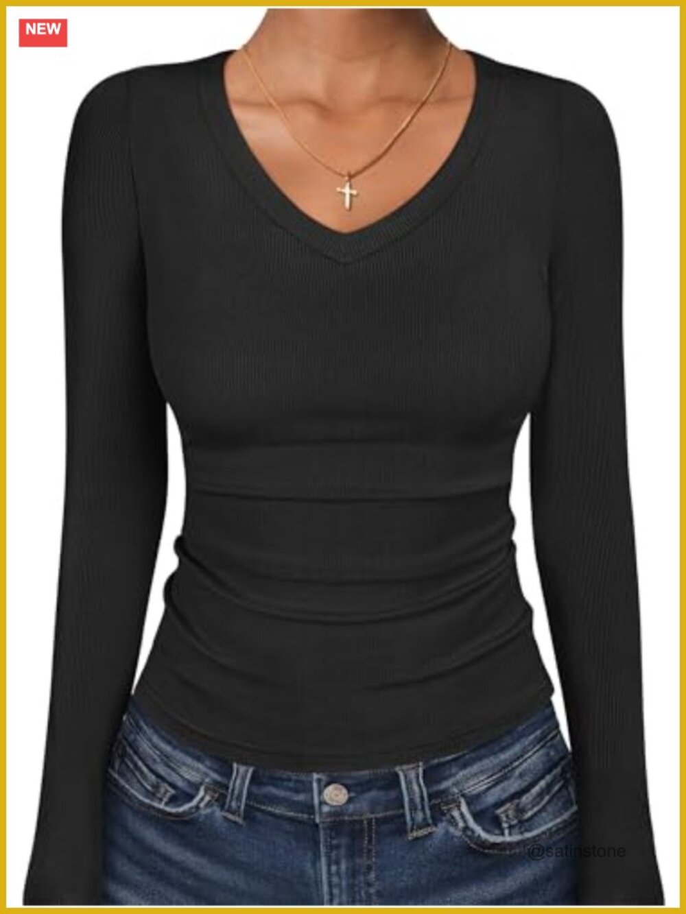 Womens Long Sleeve V Neck Slim Fit Ribbed Knit Top Basic Tee